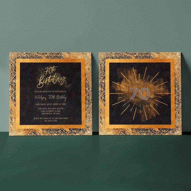 Convites Festa de aniversário Elegante de 70 preto e brilha (Front / Back)