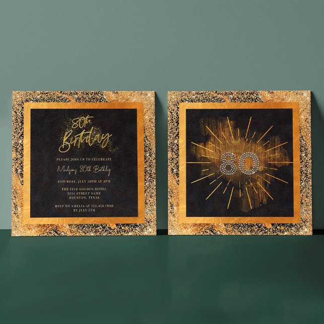 Convites Festa de aniversário Elegante de 80 preto e brilha (Front / Back)