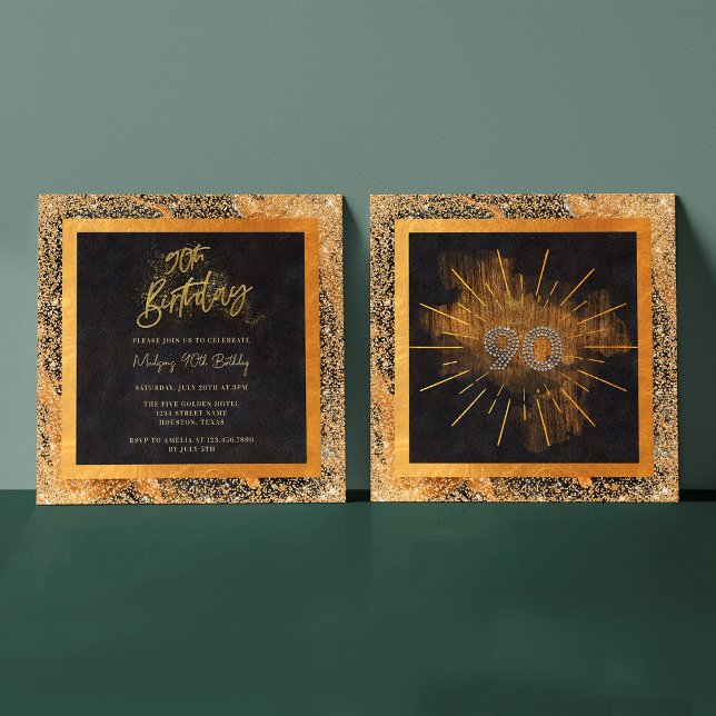 Convites Festa de aniversário Elegante de 90 preto e brilha (Front / Back)