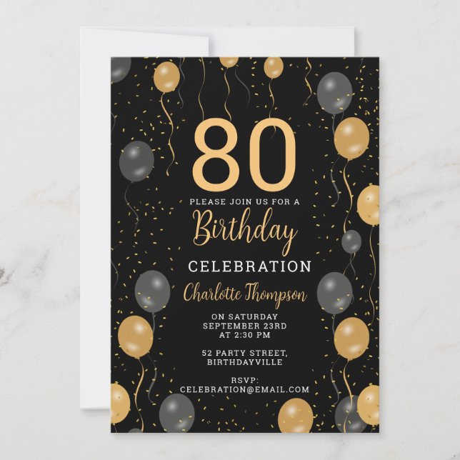 Convites Festa de aniversário Elegante de Balões Pretos e D (Frente)