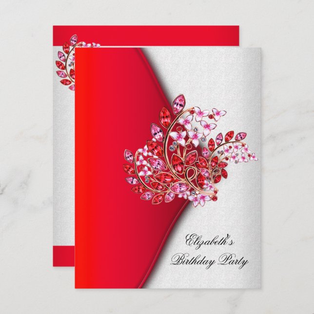 Convites Festa de aniversário Elegante de Joias Brancas Ros (Frente/Verso)