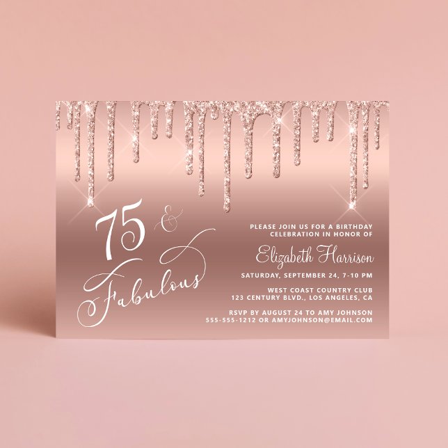 Convites Festa de aniversário Elegante Dourada Glitter 75th (Celebrate her 75 years of sparkle with an elegant rose gold glitter birthday party invitation  🎉 🎂)