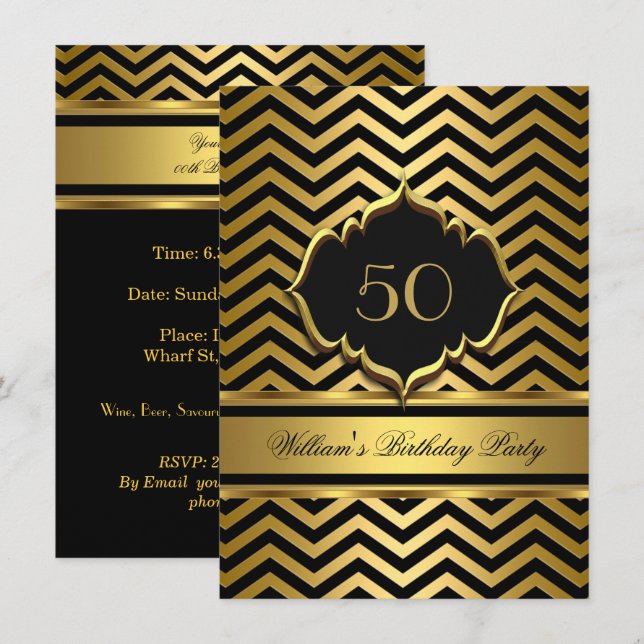 Convites Festa de Aniversário Elegante Dourado com Chevron  (Frente/Verso)