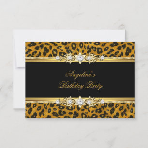 Convites Festa de Aniversário Elegante Leopardo Preto Doura