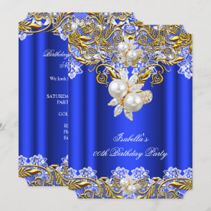 Convites Festa de Aniversário Elegante Pérola Dourada Azul 
