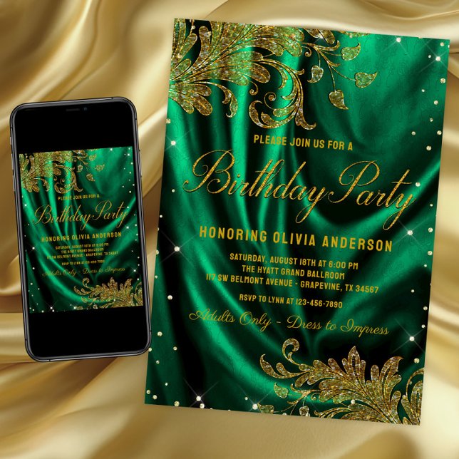 Convites Festa de Aniversário Esmeralda Verde Dourada para  (Womans emerald green and gold birthday party invitation for any number birthday. Digital and print.)
