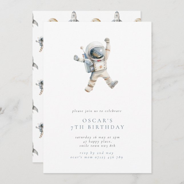 Convites Festa de aniversário Espacial Minimalista do Astro (Frente/Verso)