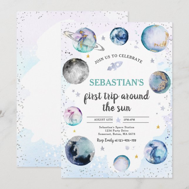 Convites Festa de aniversário Espacial Primeira Viagem Em T (Frente/Verso)