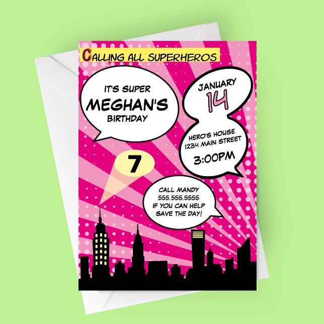 Convites Festa de aniversário Estimulada de BD Pink Superhe (Pink Comic Book Superheros Birthday Party Invitation)