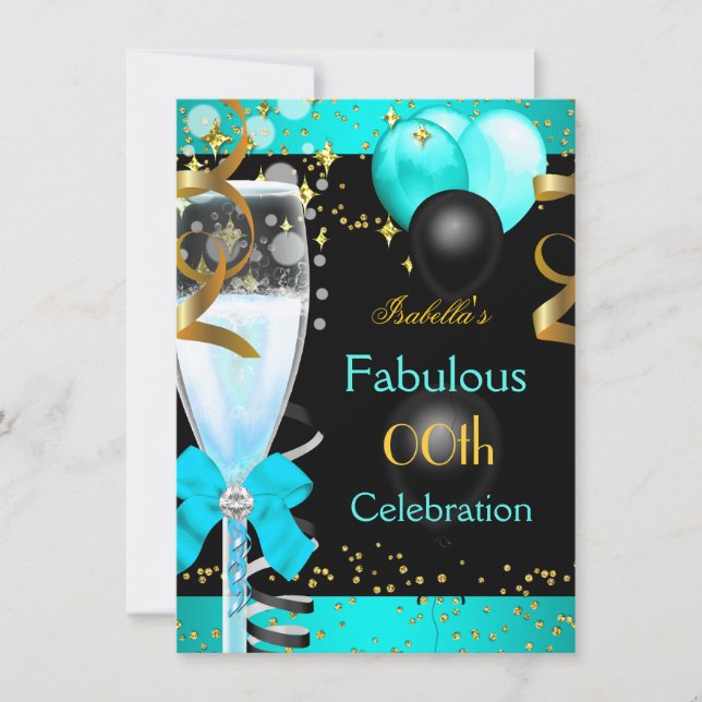 Convites Festa de Aniversário Fantástica em Azul Turquesa e (Frente)