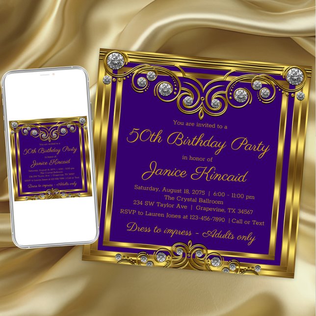 Convites Festa de Aniversário Feminina em Roxo e Dourado co (Womans purple gold any number birthday invitation. Download and printed invitations available.)