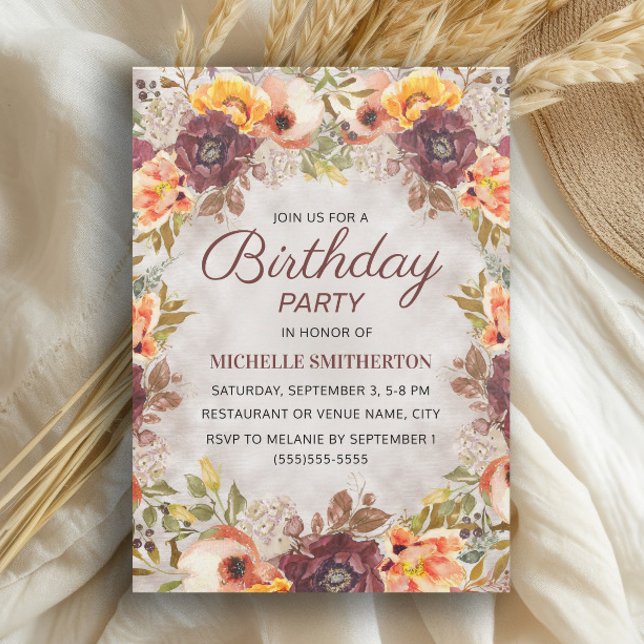 Convites Festa de Aniversário Feminina Floral Laranja Ferru (Burgundy and burnt orange watercolor floral birthday party invitation)