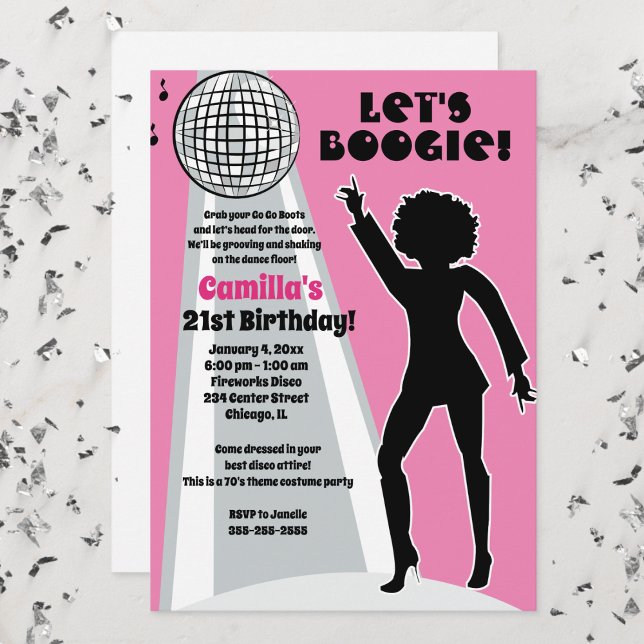 Convites Festa de Aniversário Feminino Pink Disco Boogie (Disco Birthday Party Invitation in Pink and Silver)