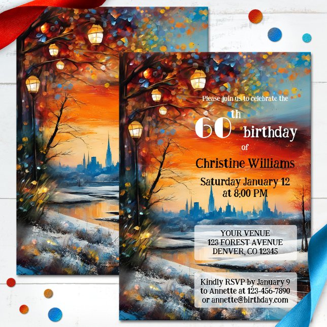 Convites Festa de aniversário festiva de inverno para adult (Adult birthday invitation featuring a whimsical painting of a winter landscape with festive lanterns)
