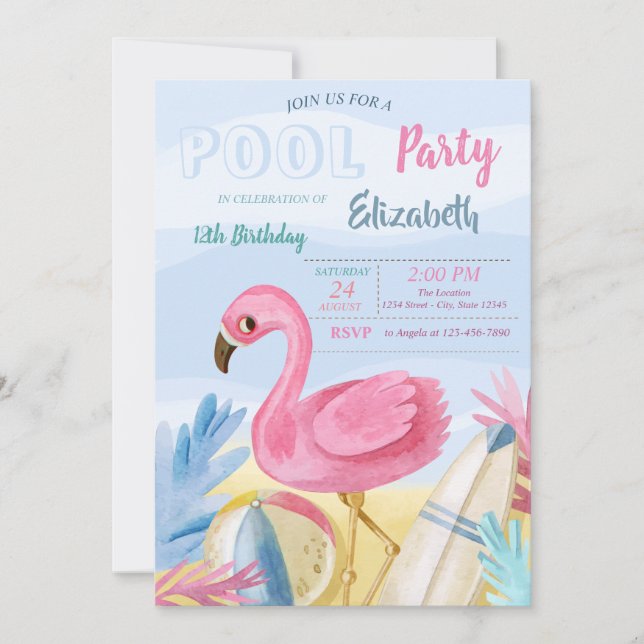 Convites Festa de Aniversário Flamingos na Piscina (Frente)