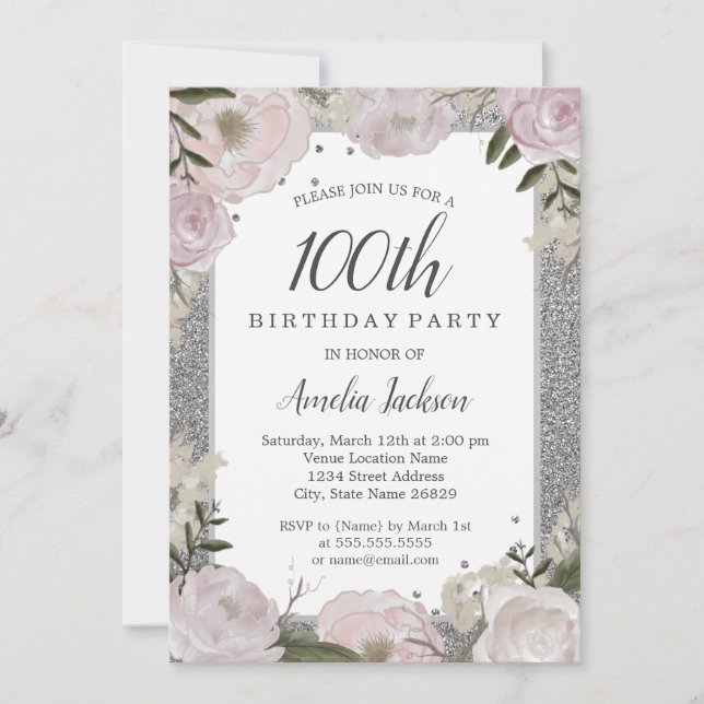 Convites Festa de aniversário Floral 100ª Prata Rosa Espelh (Frente)