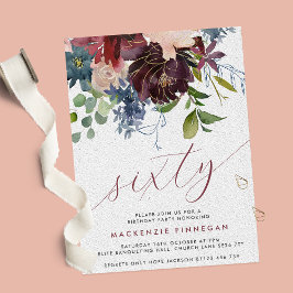 Convites Festa de aniversário Floral 60º Script Burgundy & 