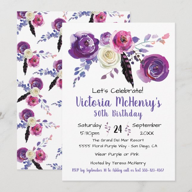 Convites Festa de aniversário Floral Boho (Frente/Verso)