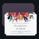 Convites Festa de aniversário floral boho moderna 40º em aq<br><div class="desc">Convite de festa de aniversário feminino marcante quarenta e fabuloso horizontal moderno com buquês de flores boêmias em vermelho,  azul-marinho e índigo e um círculo de brilho metálico dourado falso em cobre,  com tipografia editável moderna e chique.               Adequado para qualquer estação.</div>