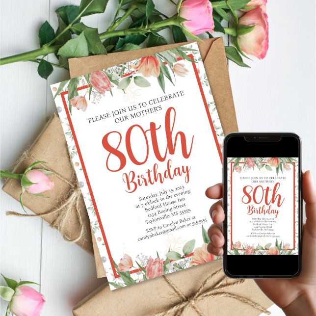 Convites Festa de aniversário Floral de 80 de Aquarela Femi (Feminine Watercolor Floral 80th Birthday Party Invitation
)