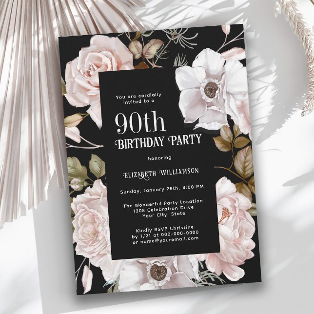 Convites Festa de aniversário Floral de 90 de Aquarela Femi (Celebrate a milestone birthday with this feminine Winter Roses Watercolor Invitation.)