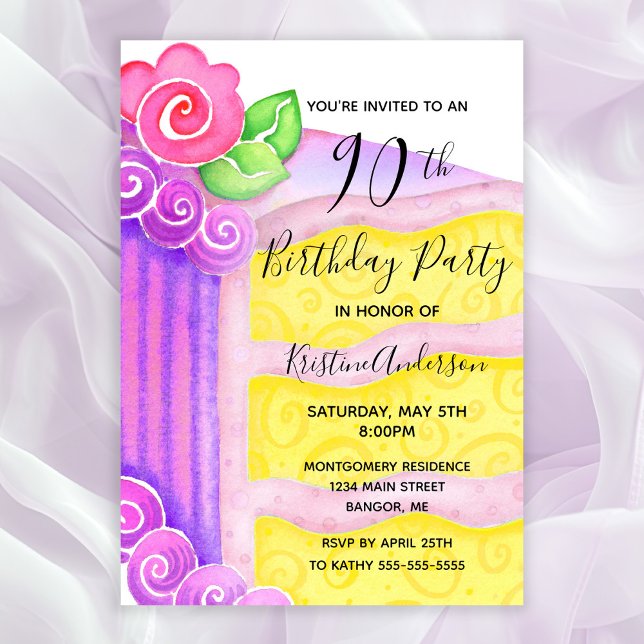 Convites Festa de aniversário Floral de 90 de Bolo Rosa (90th Birthday Party Invitation with a piece of cake decorated with pink roses and frosting)