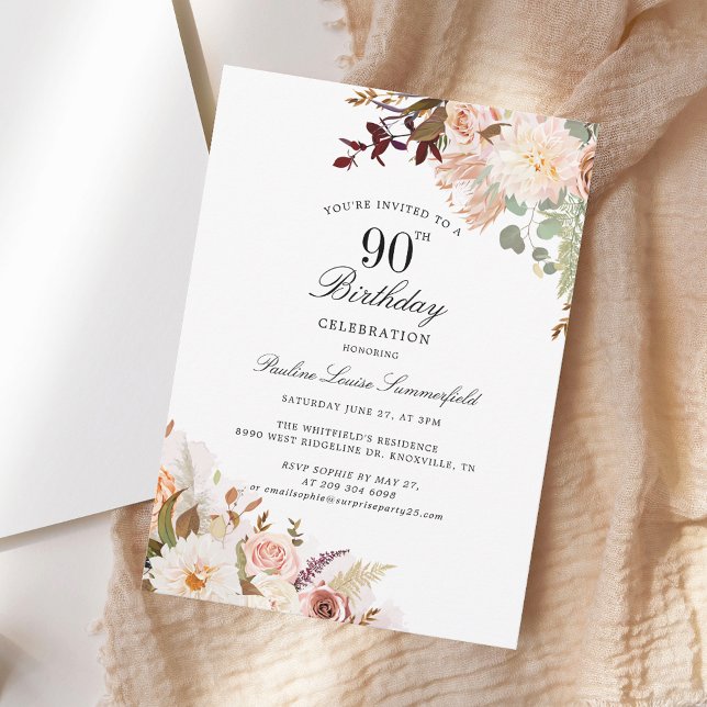 Convites Festa de aniversário Floral de 90 por Aquarela (Watercolor Floral 90th Birthday Party Invitation)