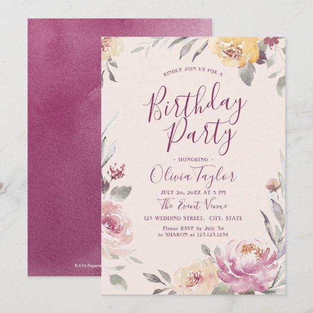 Convites Festa de aniversário floral de aquarelas romântica (Frente/Verso)