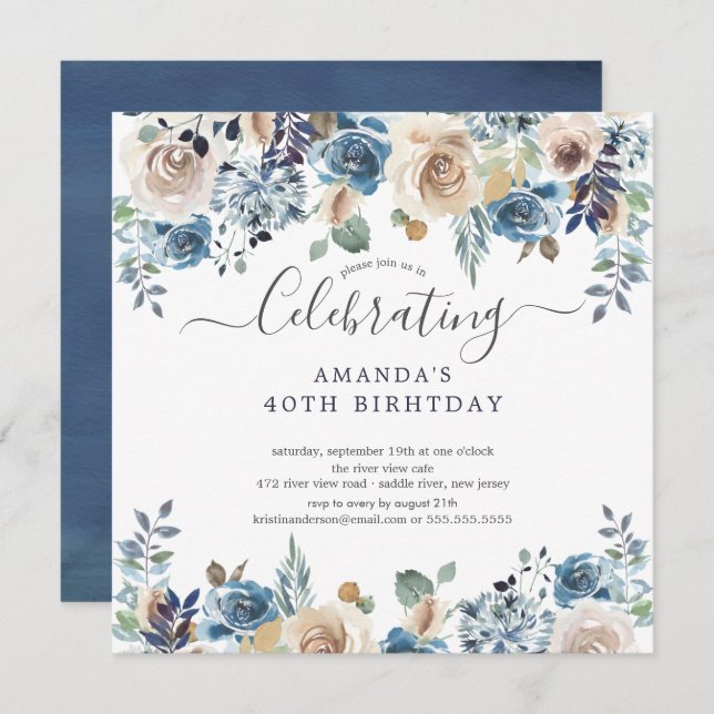 Convites Festa de aniversário Floral De Azul E Creme De Aqu (Frente/Verso)