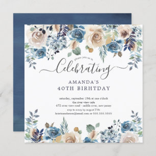 Convites Festa de aniversário Floral De Azul E Creme De Aqu