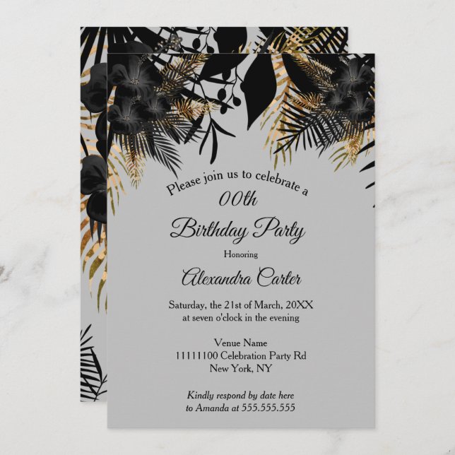 Convites Festa de aniversário Floral de Cinza Negra Dourada (Frente/Verso)