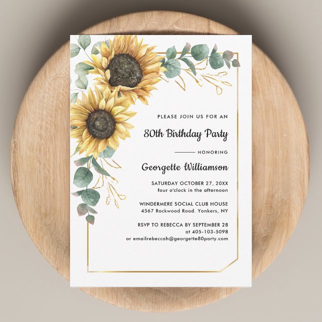 Convites Festa de aniversário Floral de Girassol (Sunflower Eucalyptus Floral 80th Birthday Party Invitation)