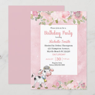 Convites  Festa de aniversário Floral de Vaca Cor-de-Rosa 