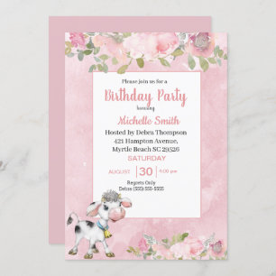 Convites Festa de aniversário Floral de Vaca Cor-de-Rosa e