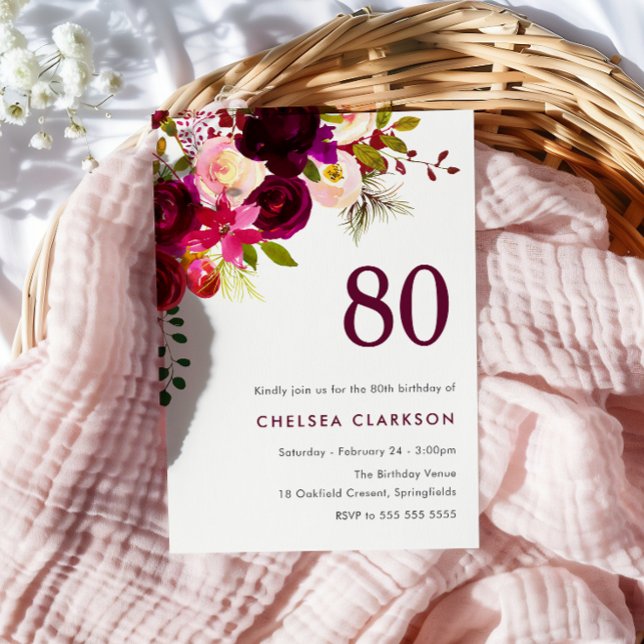 Convites Festa de aniversário Floral do Boho Vermelho Burgu (Criador carregado)