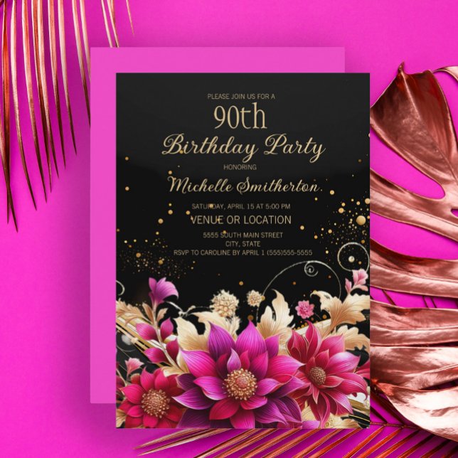 Convites Festa de aniversário Floral Dourada a Preto (Black, fuchsia, gold floral 90th birthday party invitation)