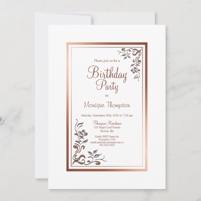 Convites Festa de aniversário Floral Dourada de Borda Vinta (Frente)