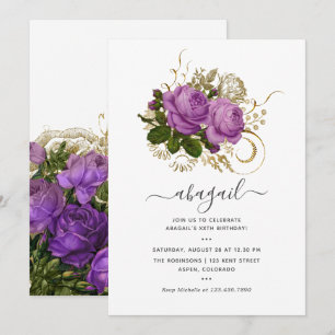 Convites Festa de aniversário Floral Dourada e púrpura