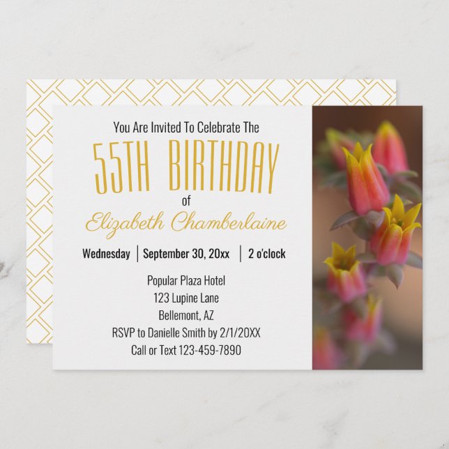 Convites Festa de aniversário Floral Dourada Laranja Sucule (Frente/Verso)