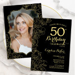 Convites Festa de aniversário Floral Dourada Preta 50<br><div class="desc">Convite de aniversário preto de ouro floral 50º com sua foto na parte traseira da placa. Design minimalista moderno com desenhos botânicos em destaque, folha de ouro falsa e letra de script de tipografia. Simples trendy convida cartão perfeito para uma festa de na moda. Pode ser personalizado para qualquer idade....</div>