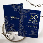 Convites Festa de aniversário Floral Dourada Surpresa 50ª M<br><div class="desc">Marinho floral azul e convite de aniversário 50º surpresa dourada. Design minimalista moderno com sotaques botânicos e letra de escrita tipográfica. Simples cartão de convite floral perfeito para uma festa surpresa na moda. Pode ser personalizado para qualquer idade.</div>