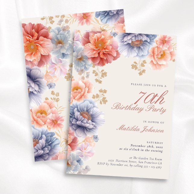 Convites Festa de aniversário Floral Elegante (Elegant Floral 70th Birthday Party Invitation)