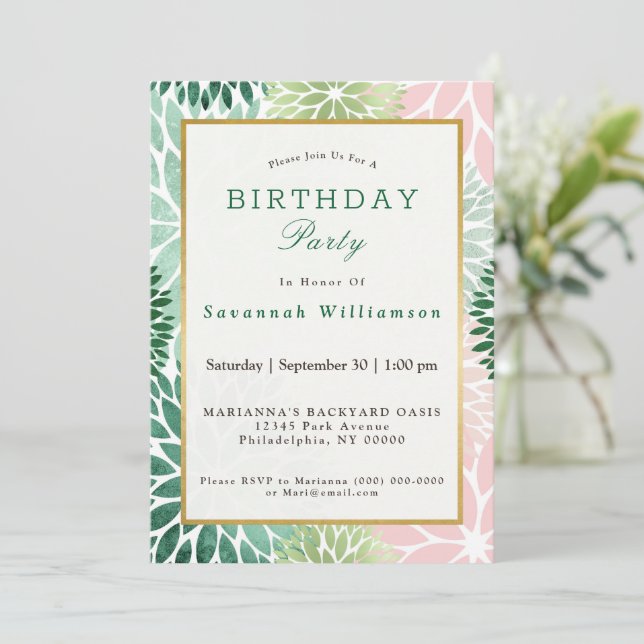 Convites Festa de aniversário Floral Elegante Verde Dahlia (Em pé/Frente)