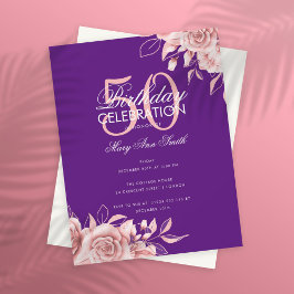 Convites Festa de aniversário Floral Rosa Dourada Roxo