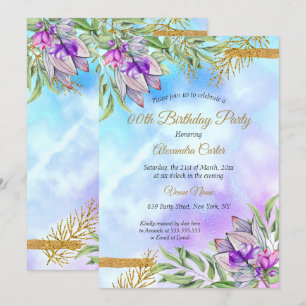 Convites Festa de Aniversário Floral Roxo Turquesa Dourado