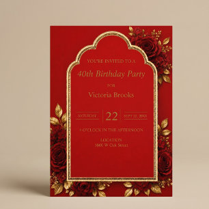 Convites Festa de Aniversário Floral Vermelho e Dourado