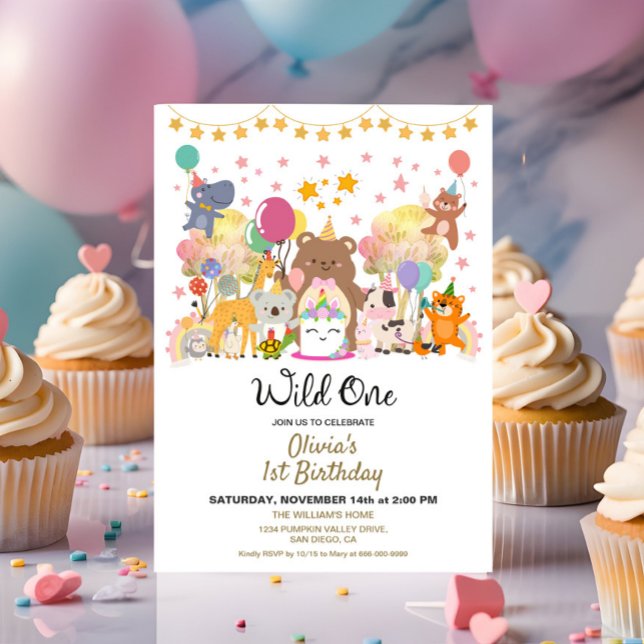 Convites Festa de Aniversário Floresta Selvagem (Woodland Wild One 1st birthday girl party invitation)