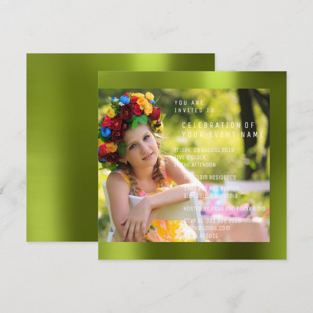 Convites Festa de aniversário Foto Cali Metal Verde (Frente/Verso)