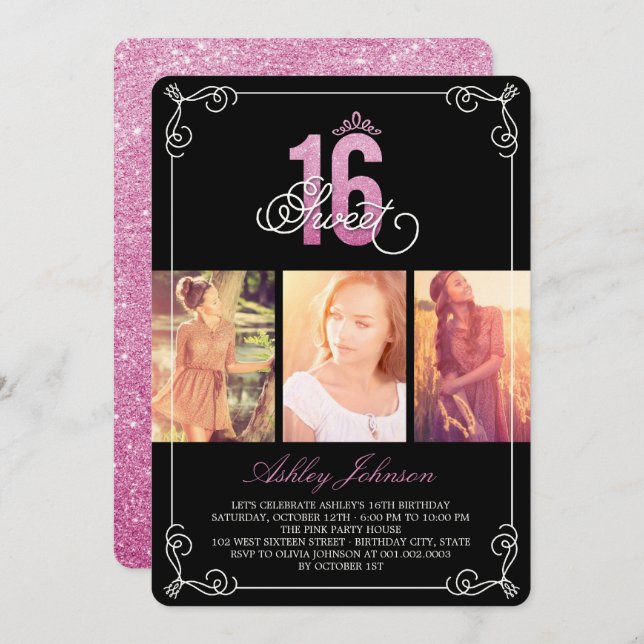 Convites Festa de aniversário Fotográfica 16, Glam Flourish (Frente/Verso)