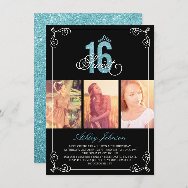 Convites Festa de aniversário Fotográfica Chic Flourish Gla (Frente/Verso)